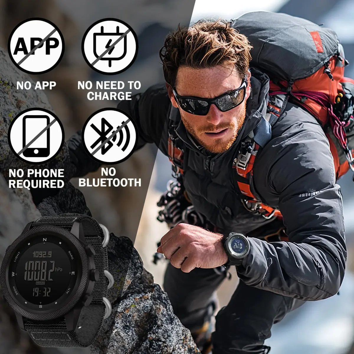 NORTH EDGE Apache Outdoor Digital Watch for Men 50mm (1.97in) | ABC Sensors, Weather Trend, 50M Water Resistance - view 4