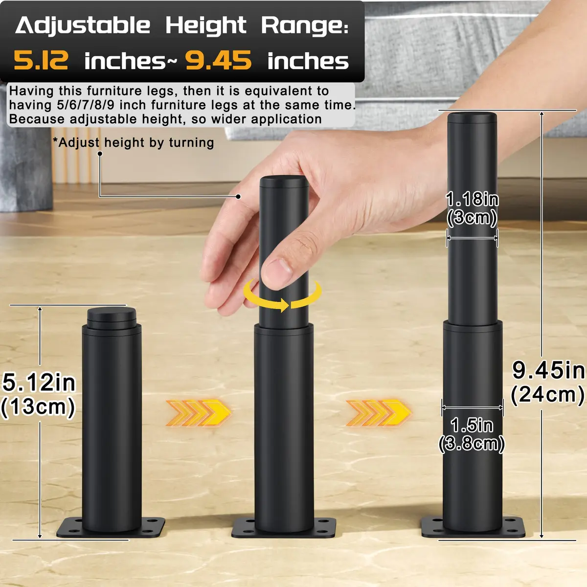 Wlrrcwdttc Metal Adjustable Furniture Legs 5.12-9.45 inch | Heavy Load Support - view 2
