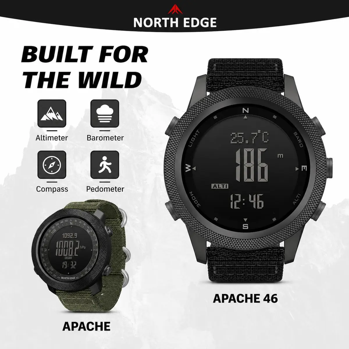 NORTH EDGE Apache 46mm Digital Watch for Men | Rugged Outdoor ABC Watch with Compass, Altimeter, Barometer & 50M Water Resistance - view 3