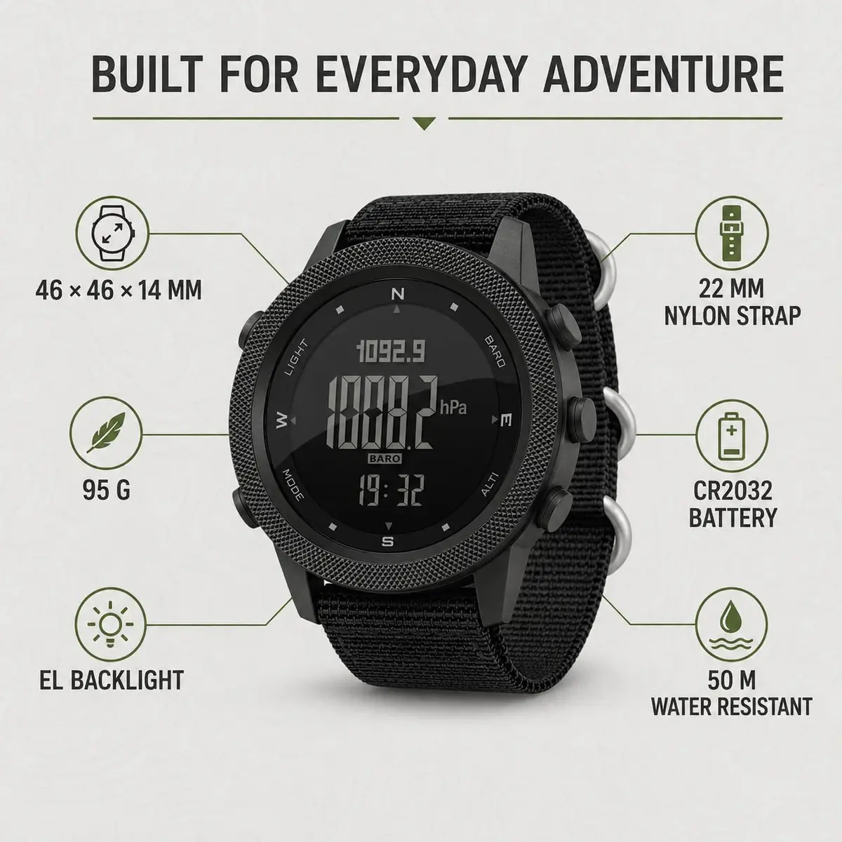 NORTH EDGE Apache 46mm Digital Watch for Men | Rugged Outdoor ABC Watch with Compass, Altimeter, Barometer & 50M Water Resistance - view 4