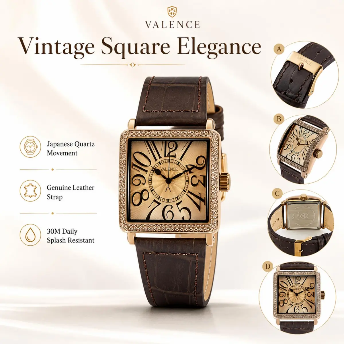Valence Vintage Women Watch for Pragmatism | Classic Retro Style with Japanese Quartz (33mm×41mm, Brown Leather) - view 3