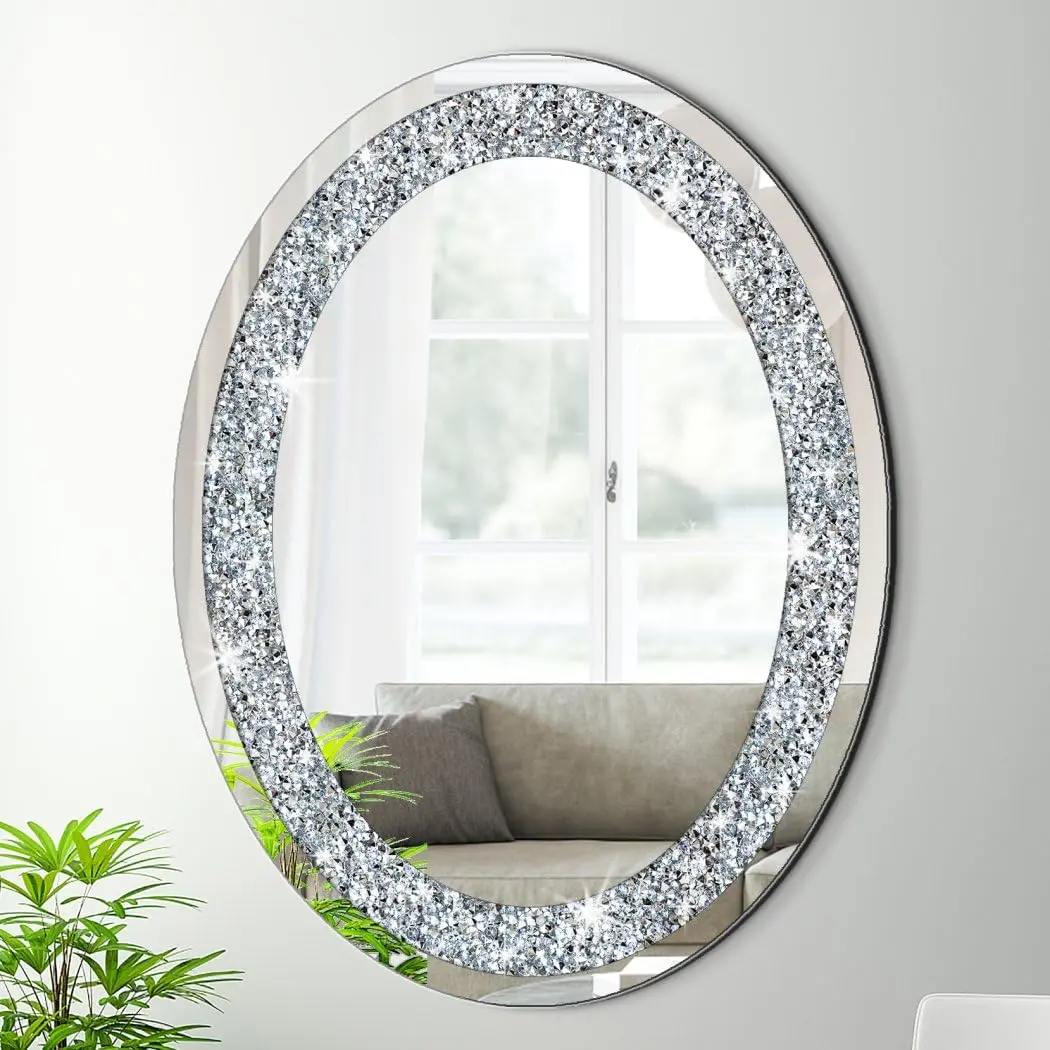 DMDFIRST Crystal Crushed Diamond Oval Shaped Silver Mirror 24x32 inch Frameless Wall Decor - main product image
