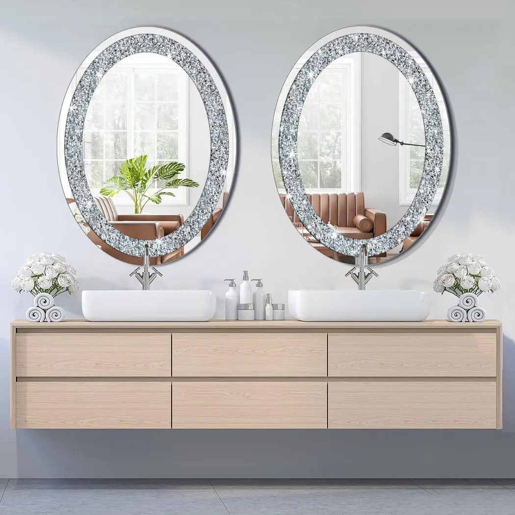 DMDFIRST Crystal Crushed Diamond Oval Shaped Silver Mirror 24x32 inch Frameless Wall Decor - view 6