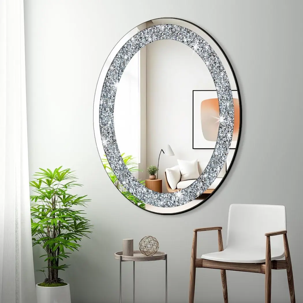 DMDFIRST Crystal Crushed Diamond Oval Shaped Silver Mirror 24x32 inch Frameless Wall Decor - view 2