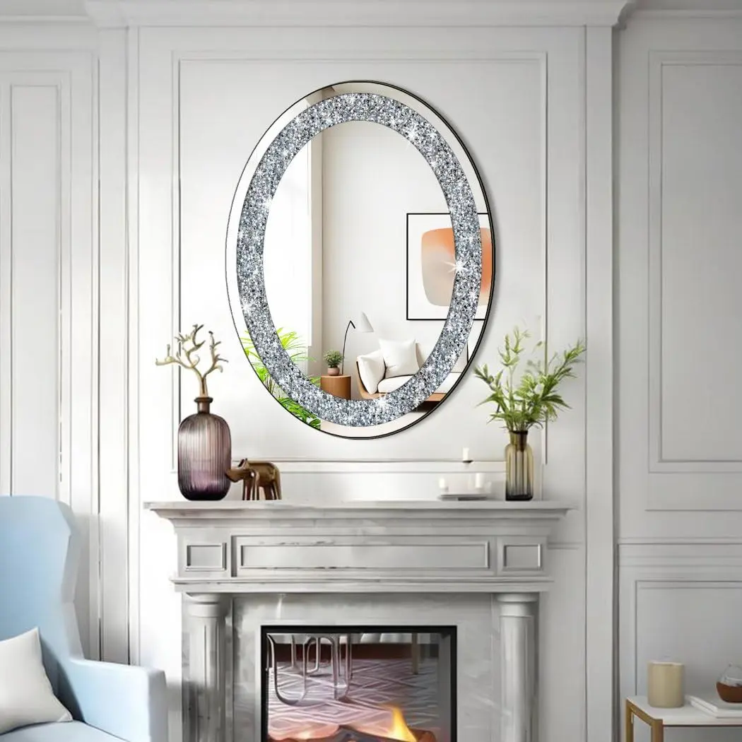 DMDFIRST Crystal Crushed Diamond Oval Shaped Silver Mirror 24x32 inch Frameless Wall Decor - view 3