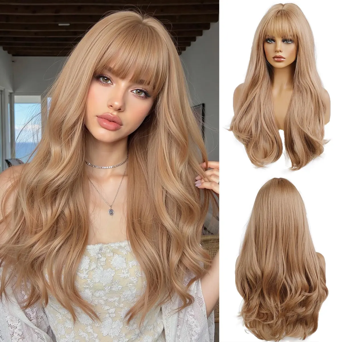 OUFEI Long Wavy Strawberry Blonde Wig with Bangs for Women 24 Inches Heat Resistant Synthetic Hair - main product image