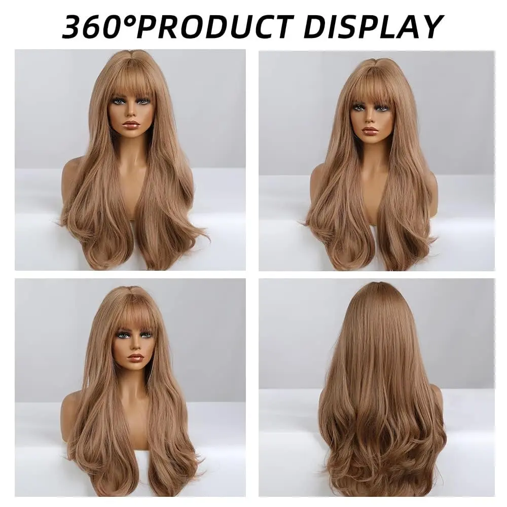 OUFEI Long Wavy Strawberry Blonde Wig with Bangs for Women 24 Inches Heat Resistant Synthetic Hair - view 5