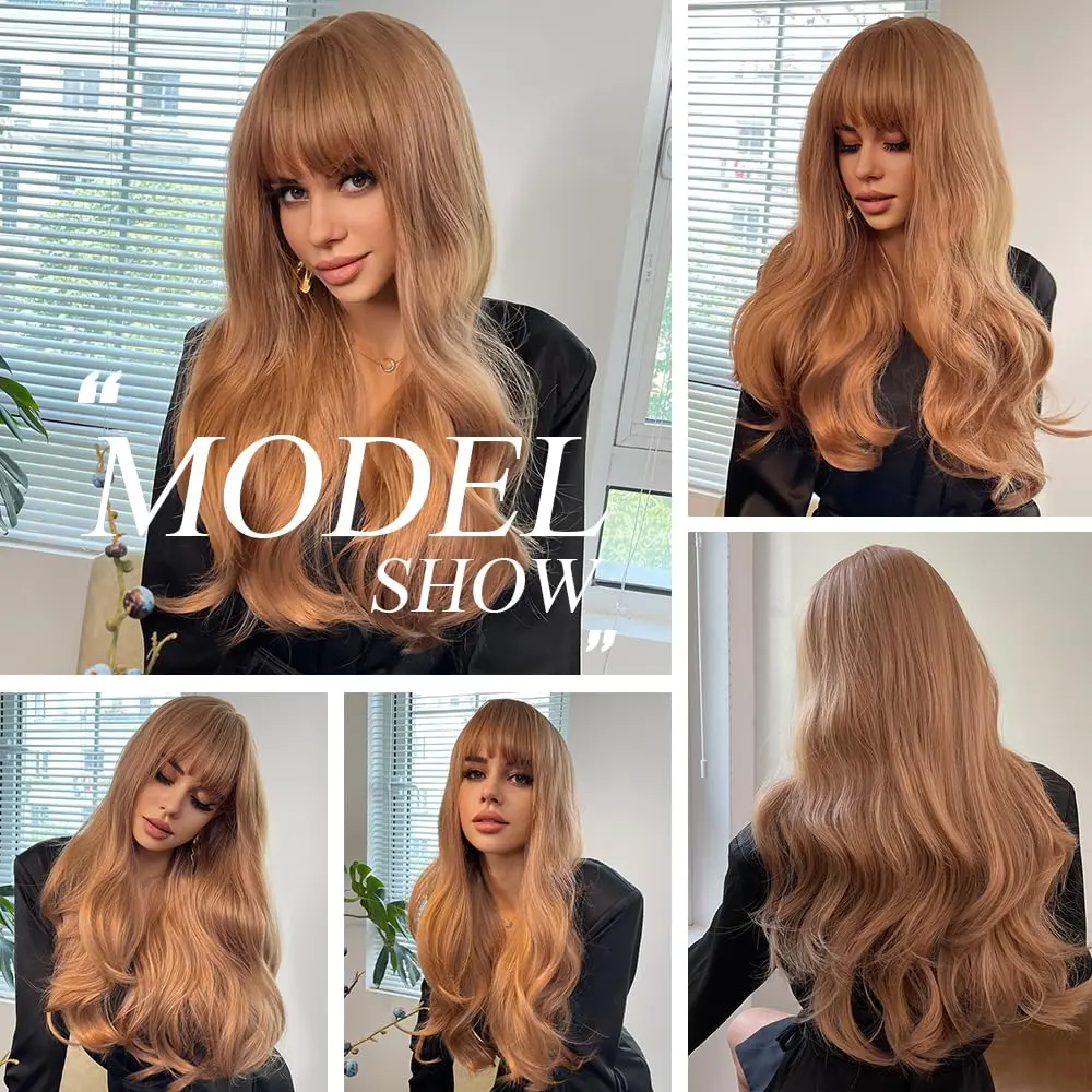 OUFEI Long Wavy Strawberry Blonde Wig with Bangs for Women 24 Inches Heat Resistant Synthetic Hair - view 6