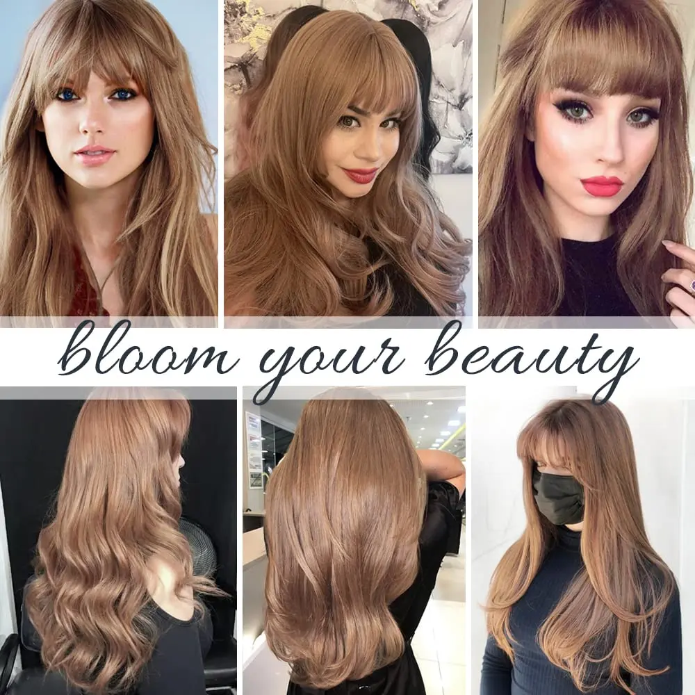 OUFEI Long Wavy Strawberry Blonde Wig with Bangs for Women 24 Inches Heat Resistant Synthetic Hair - view 7
