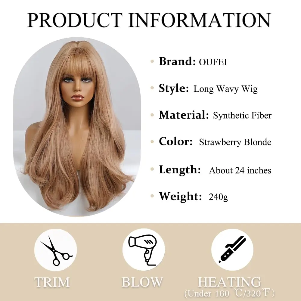 OUFEI Long Wavy Strawberry Blonde Wig with Bangs for Women 24 Inches Heat Resistant Synthetic Hair - view 2