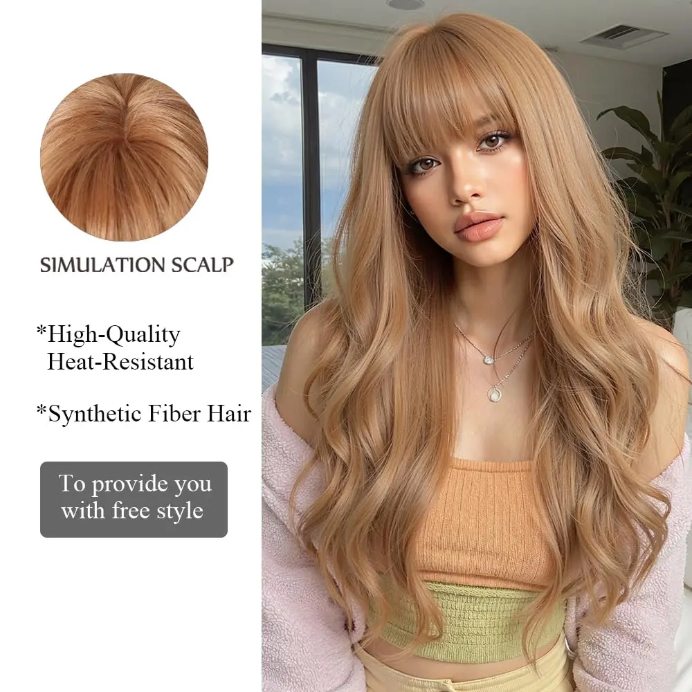 OUFEI Long Wavy Strawberry Blonde Wig with Bangs for Women 24 Inches Heat Resistant Synthetic Hair - view 3
