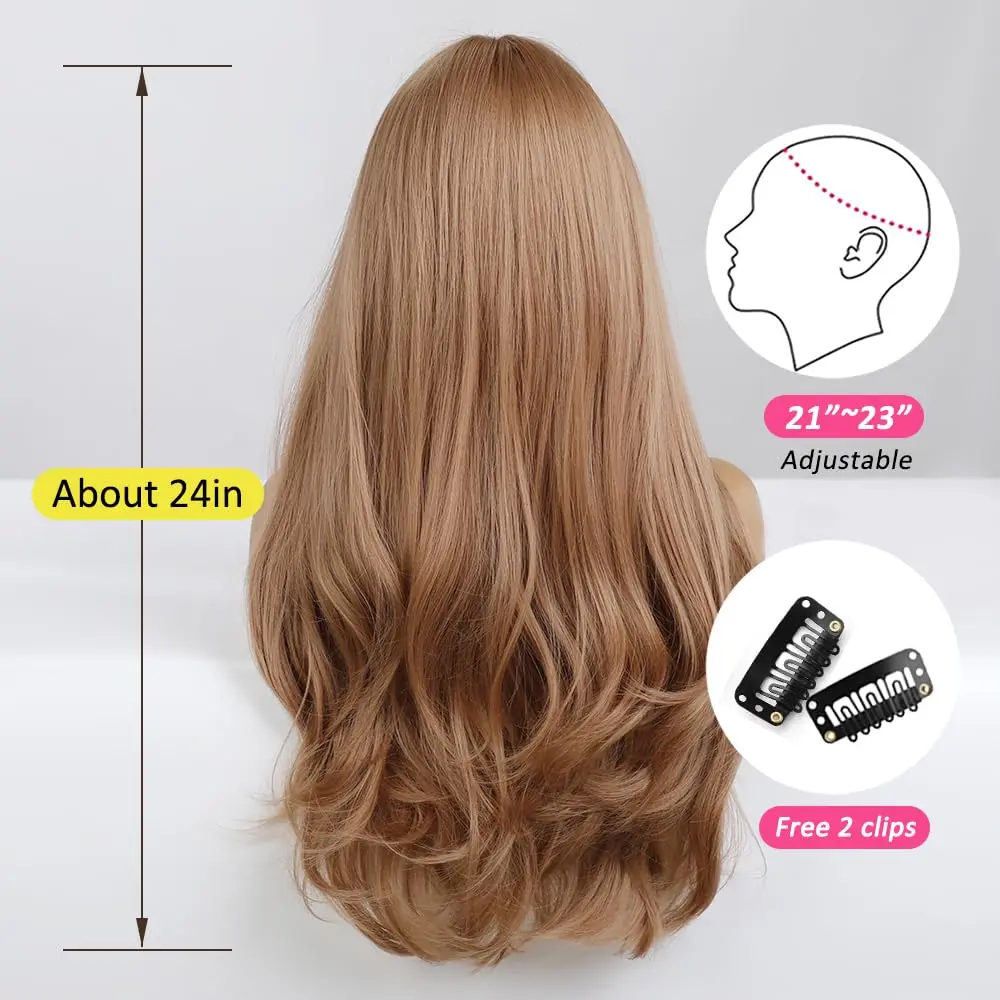 OUFEI Long Wavy Strawberry Blonde Wig with Bangs for Women 24 Inches Heat Resistant Synthetic Hair - view 4