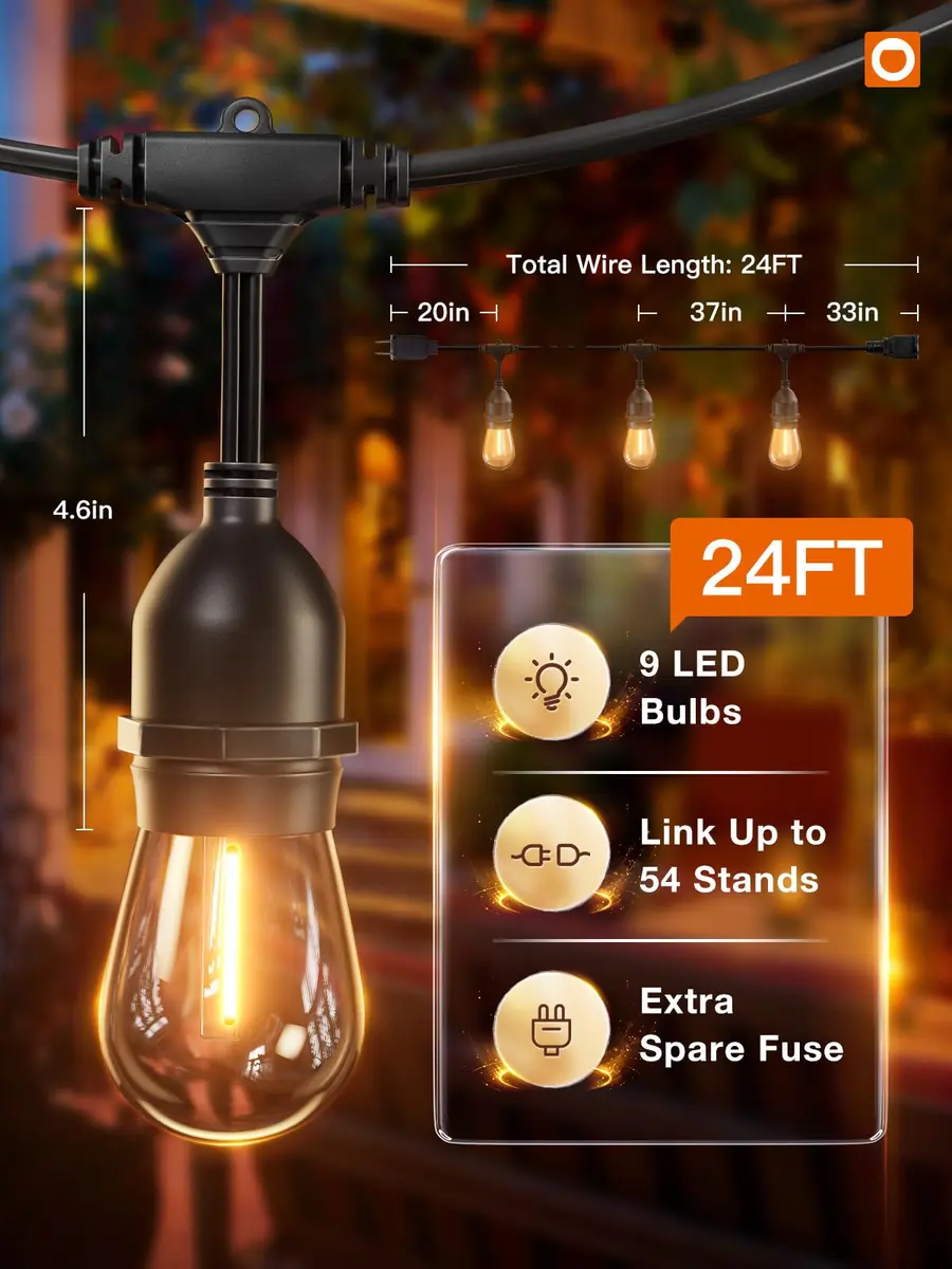 addlon LED Outdoor String Lights 24FT Edison Vintage Weatherproof ETL | Vintage Edison Bulb Style, Weatherproof, 8 Sockets, 24 Feet - view 5