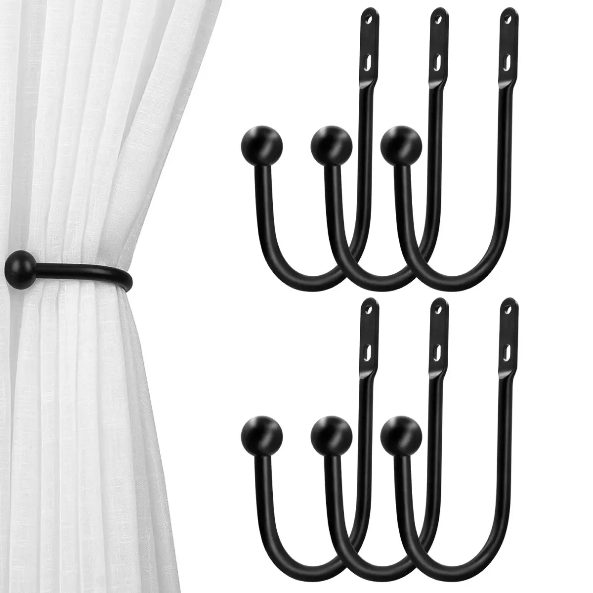 VRSS Black Curtain Tiebacks Drapery Holdbacks 6 Pcs | 15.2cm L x 7.6cm D Wall Mount - main product image