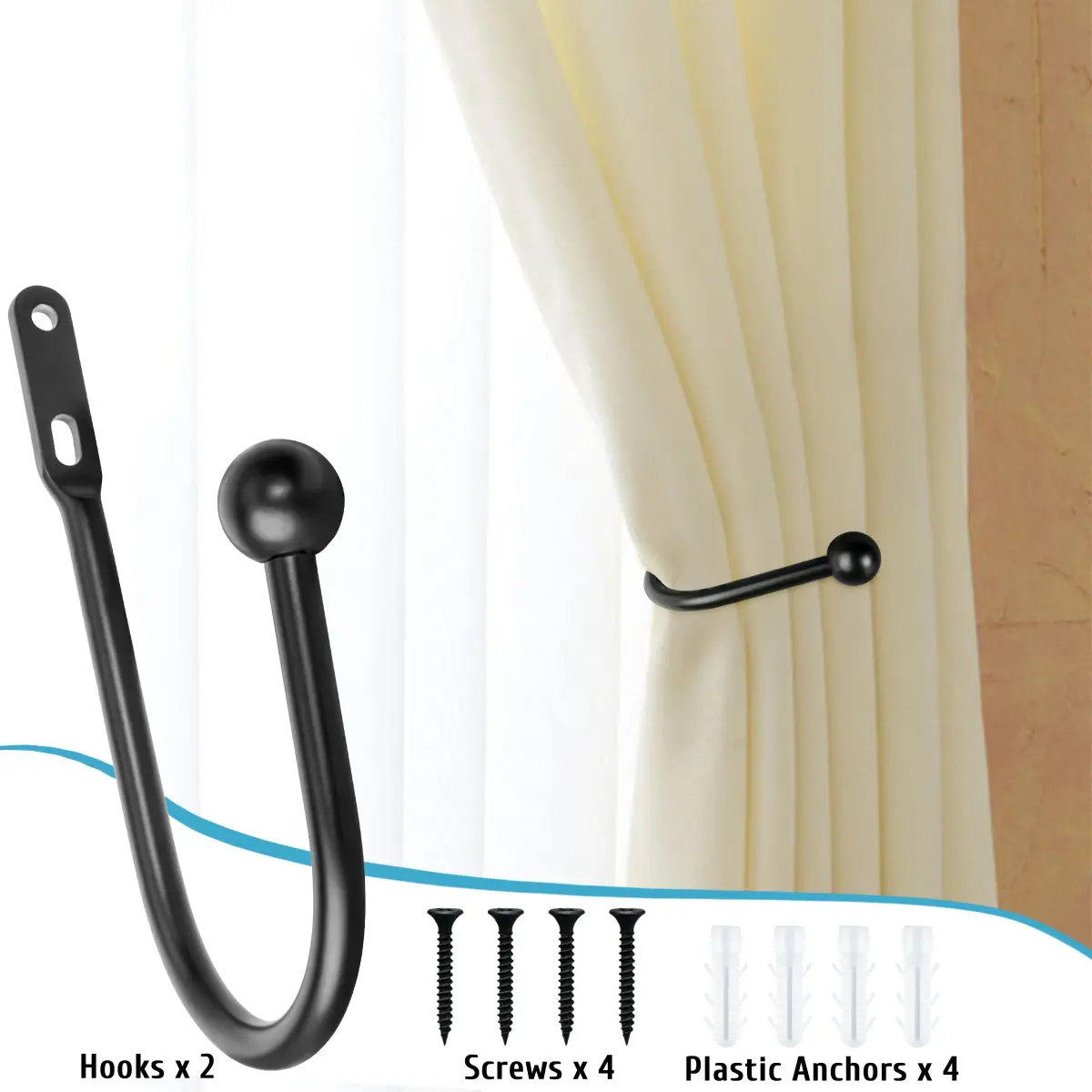 VRSS Black Curtain Tiebacks Drapery Holdbacks 6 Pcs | 15.2cm L x 7.6cm D Wall Mount - view 7