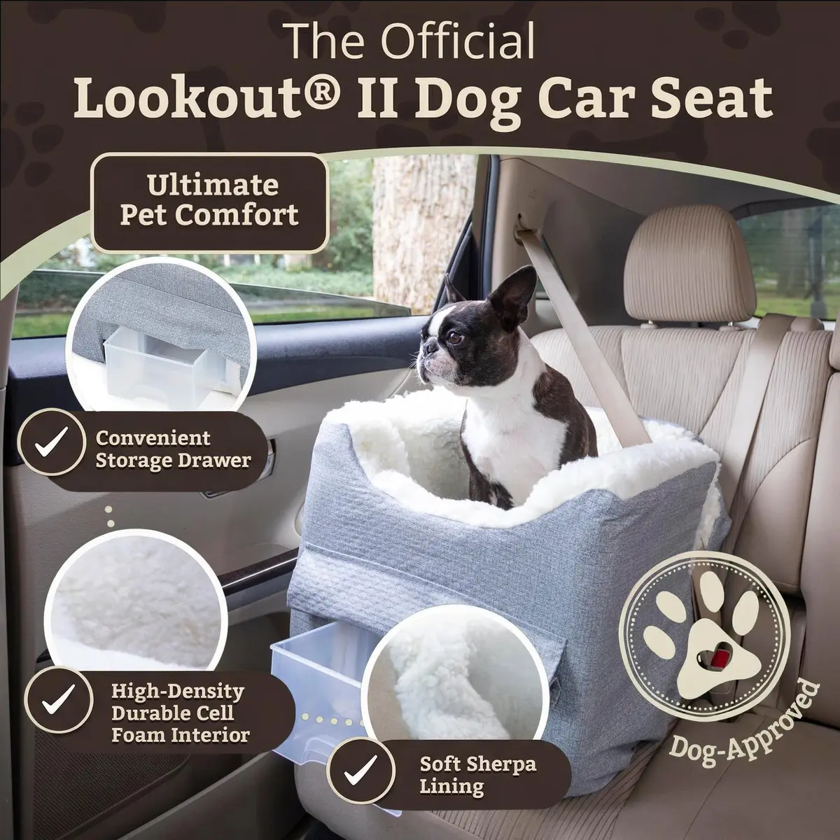 Snoozer Pet Products Lookout 2 Dog Car Seat Small | Stone Diamond, Foam & Wool-Like Fabric - view 2