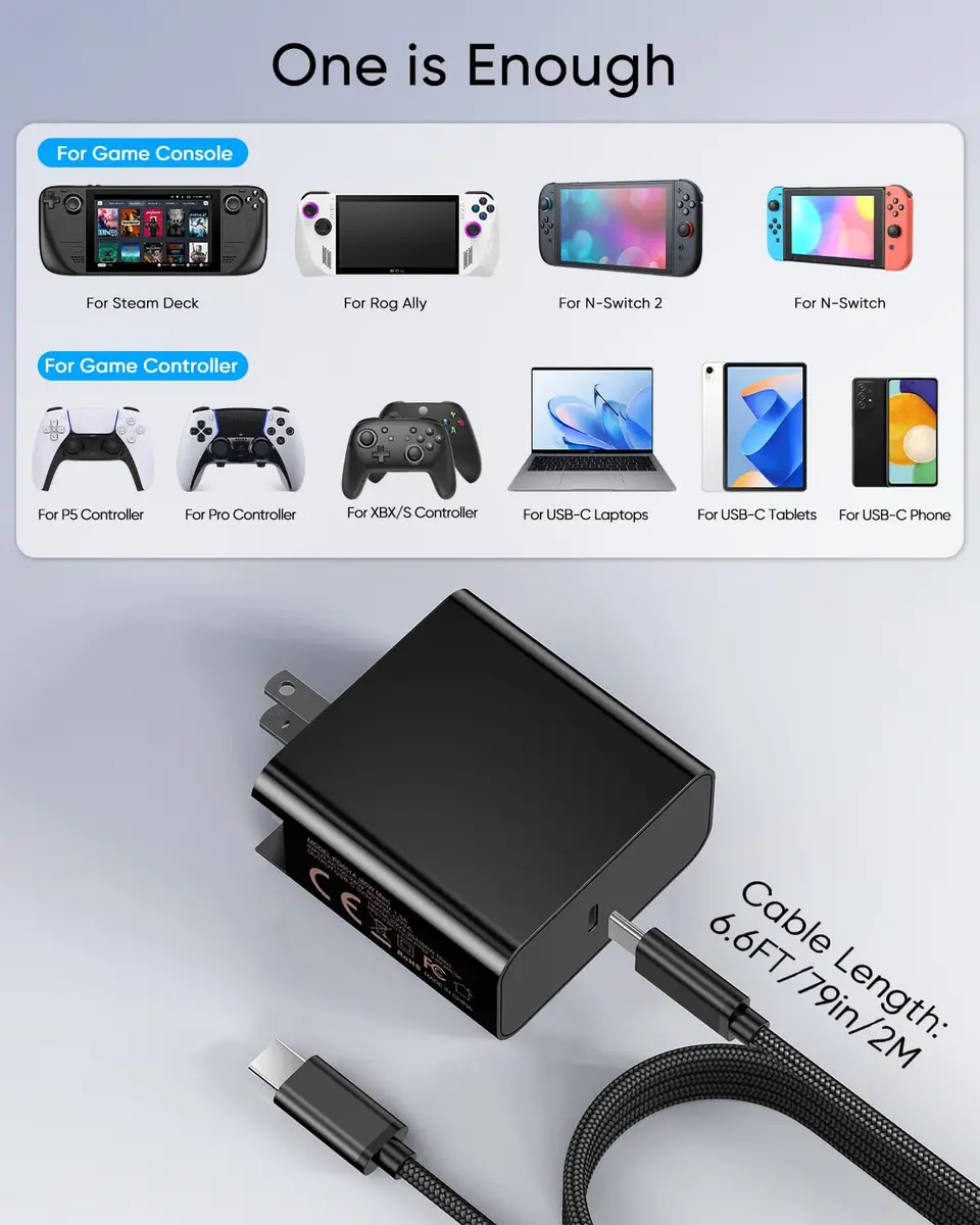 MENEEA 65W Fast Charger for Steam Deck & Nintendo Switch 2 | PD3.0 Foldable AC Adapter with 6.6FT Cable - view 4