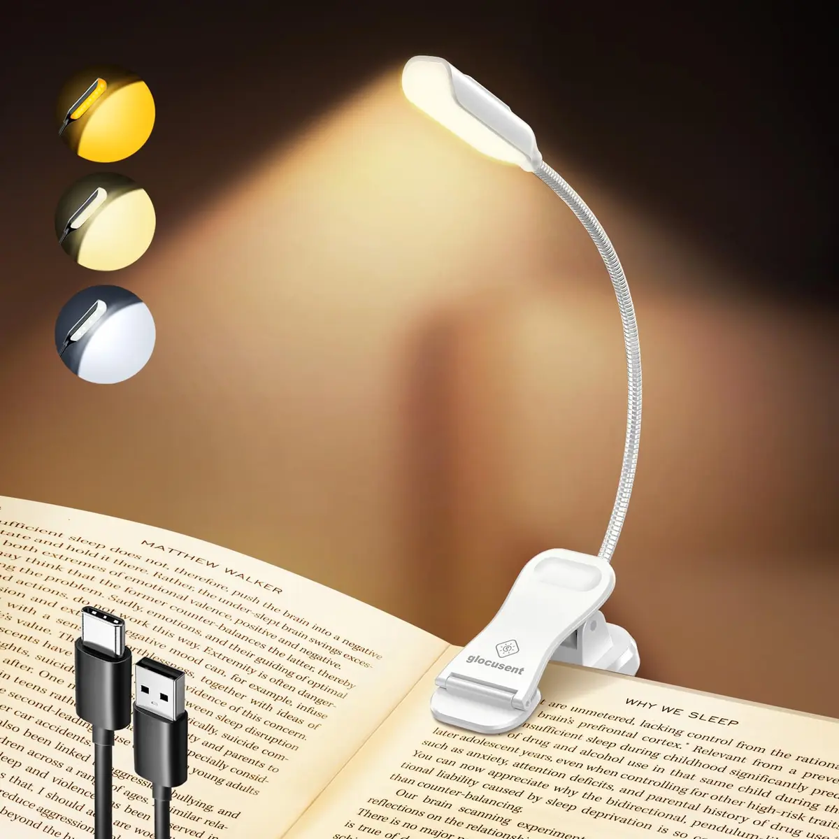 Glocusent Willow Book Light 45g (1.4oz) | 3 Colors, 3 Brightness, USB-C Rechargeable, 80hr Runtime - main product image