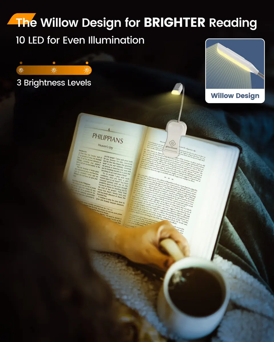 Glocusent Willow Book Light 45g (1.4oz) | 3 Colors, 3 Brightness, USB-C Rechargeable, 80hr Runtime - view 2