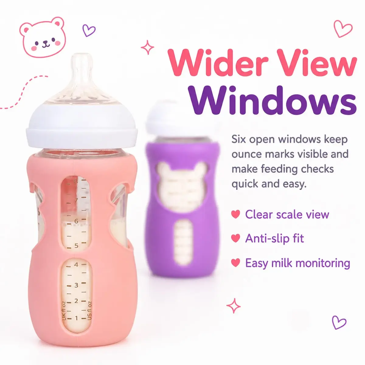 Aelop Silicone Baby Bottle Sleeves for Philips Avent Natural Glass Bottles 240ml (8 oz) - Pack of 2 (Pink & Purple) | Cute Bear Design - view 4