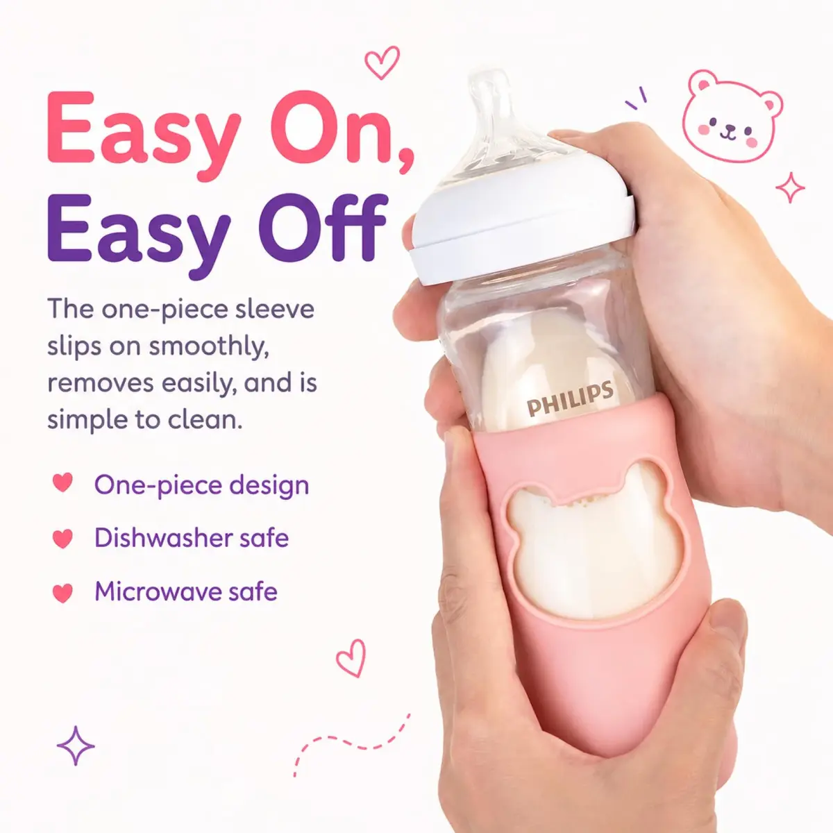 Aelop Silicone Baby Bottle Sleeves for Philips Avent Natural Glass Bottles 240ml (8 oz) - Pack of 2 (Pink & Purple) | Cute Bear Design - view 5