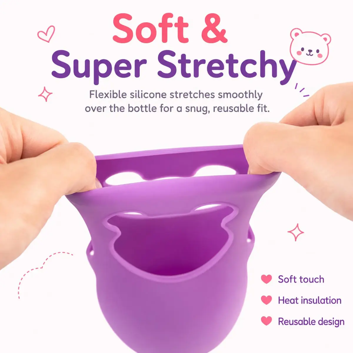 Aelop Silicone Baby Bottle Sleeves for Philips Avent Natural Glass Bottles 240ml (8 oz) - Pack of 2 (Pink & Purple) | Cute Bear Design - view 6