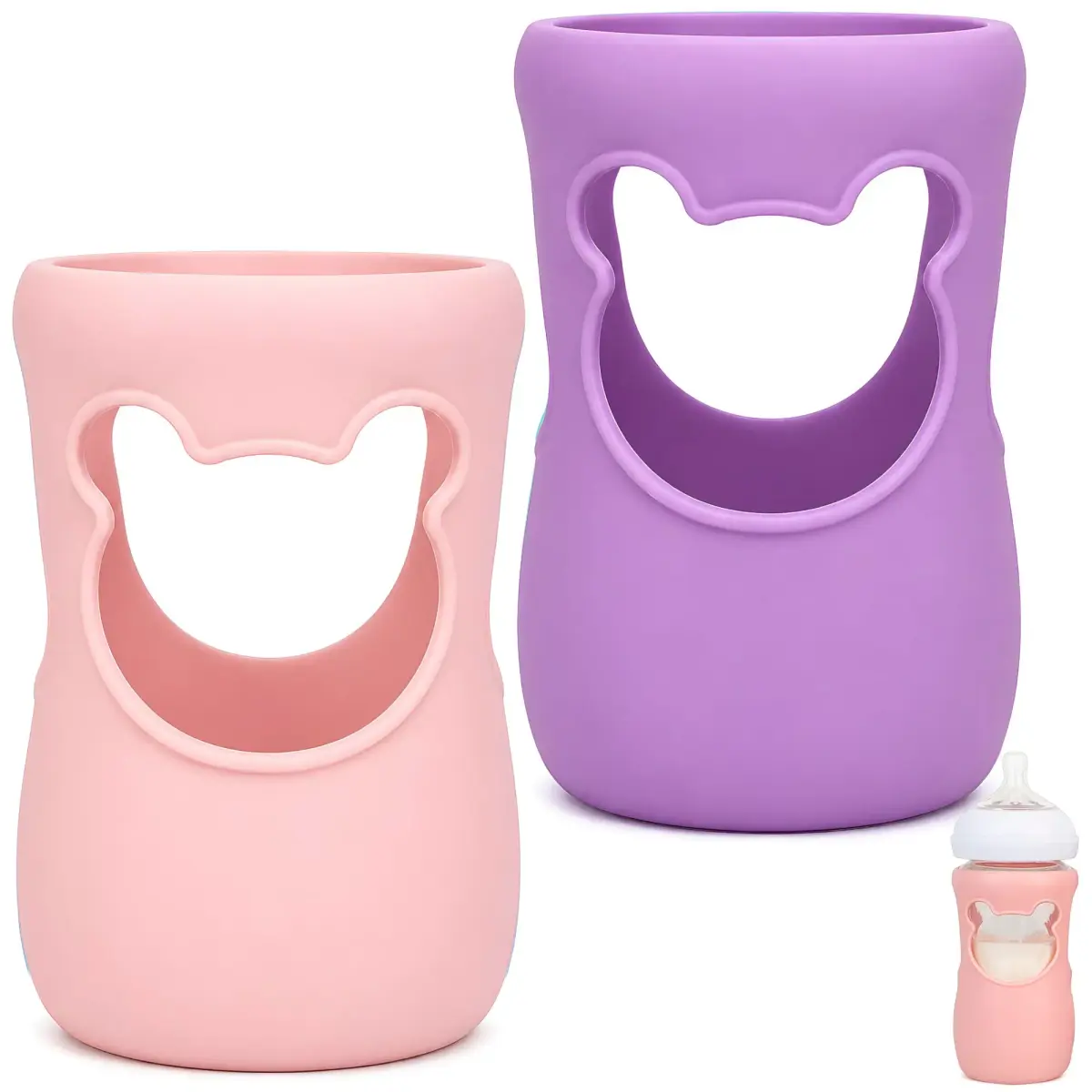 Aelop Silicone Baby Bottle Sleeves for Philips Avent Natural Glass Bottles 240ml (8 oz) - Pack of 2 (Pink & Purple) | Cute Bear Design - main product image