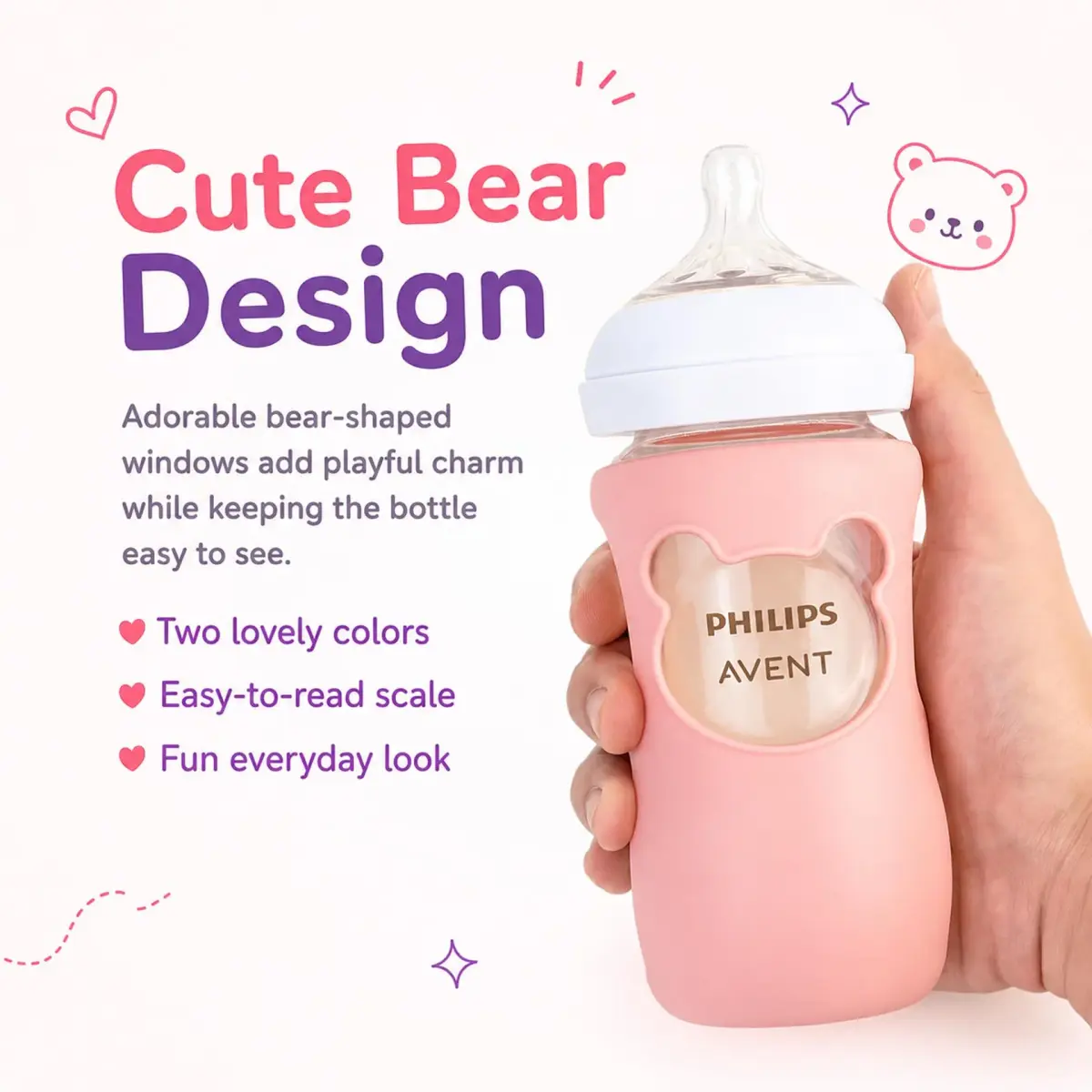 Aelop Silicone Baby Bottle Sleeves for Philips Avent Natural Glass Bottles 240ml (8 oz) - Pack of 2 (Pink & Purple) | Cute Bear Design - view 7
