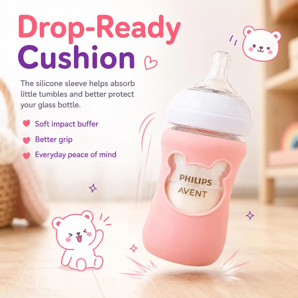Aelop Silicone Baby Bottle Sleeves for Philips Avent Natural Glass Bottles 240ml (8 oz) - Pack of 2 (Pink & Purple) | Cute Bear Design - view 8