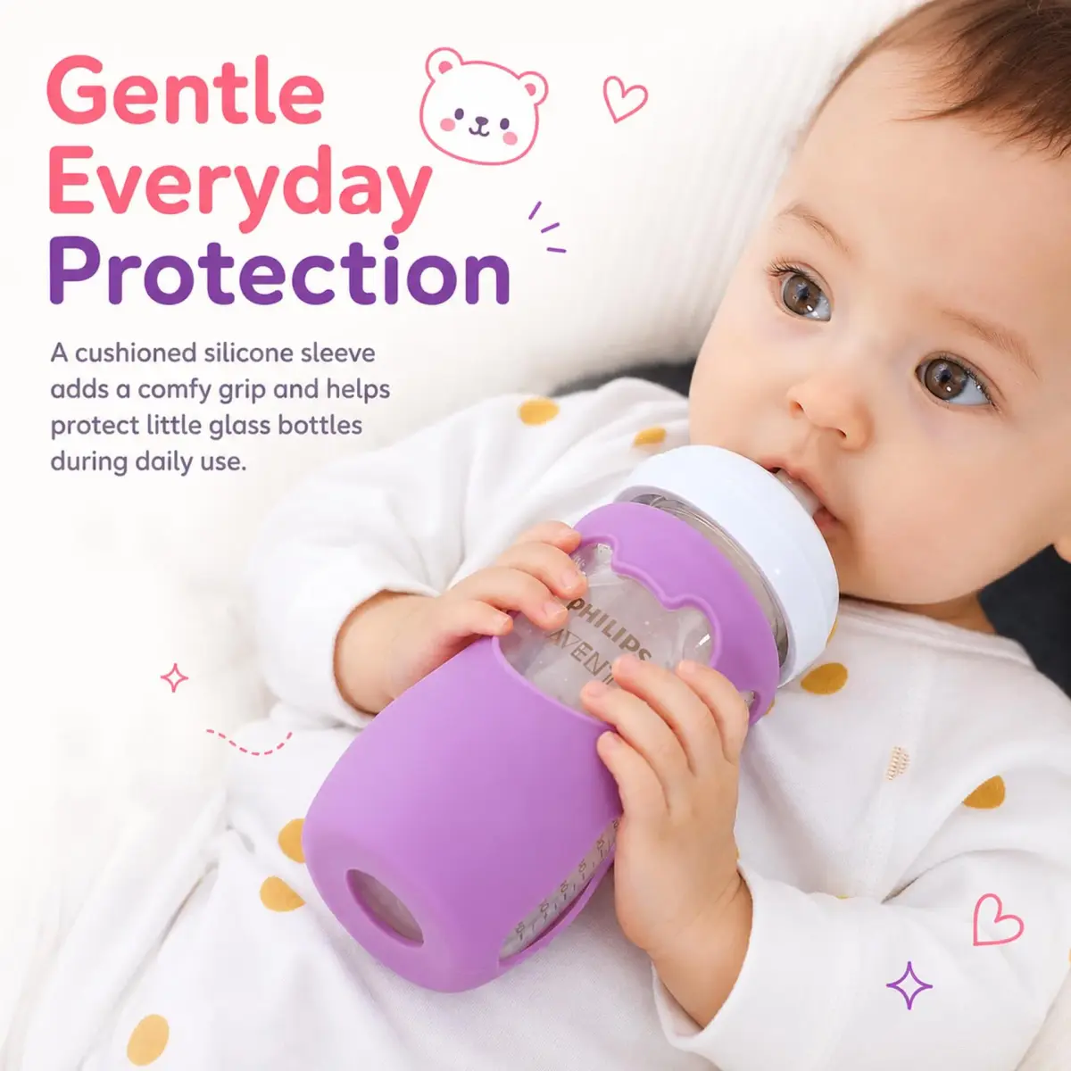 Aelop Silicone Baby Bottle Sleeves for Philips Avent Natural Glass Bottles 240ml (8 oz) - Pack of 2 (Pink & Purple) | Cute Bear Design - view 2