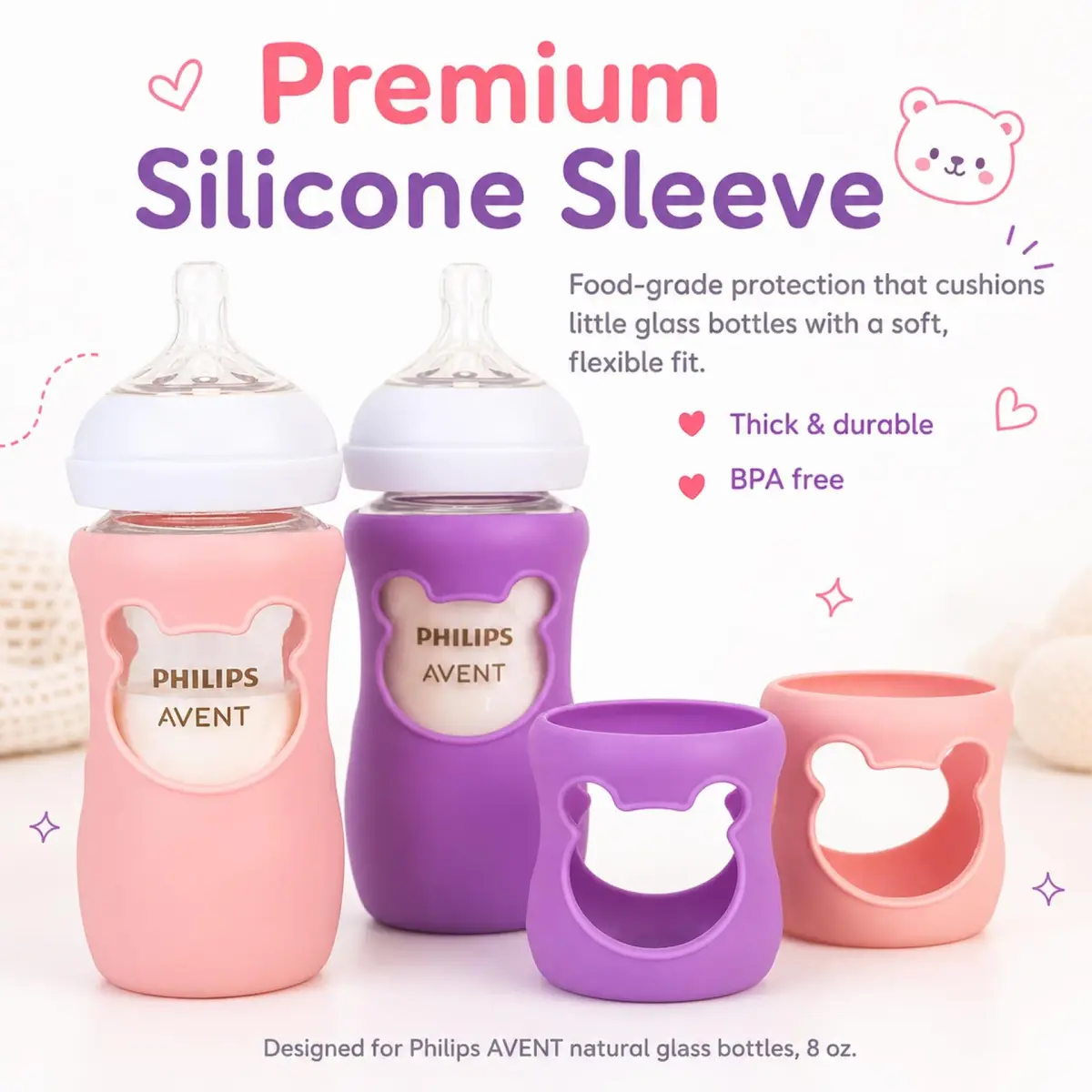 Aelop Silicone Baby Bottle Sleeves for Philips Avent Natural Glass Bottles 240ml (8 oz) - Pack of 2 (Pink & Purple) | Cute Bear Design - view 3