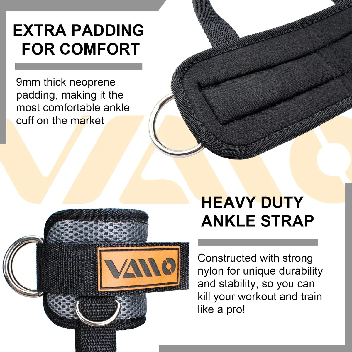 VAIIO Ankle Straps for Cable Machines, Adjustable Comfort Fit Neoprene & Nylon Pair | Heavy Duty D-Ring Workout Cuffs - view 5