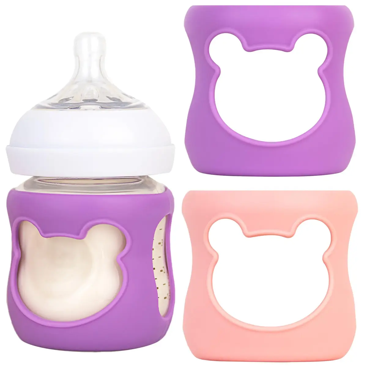 Aelop Silicone Baby Bottle Sleeves for Philips Avent 120ml (4oz) Pack of 2 (Pink/Purple) | Cute Bear Design - main product image