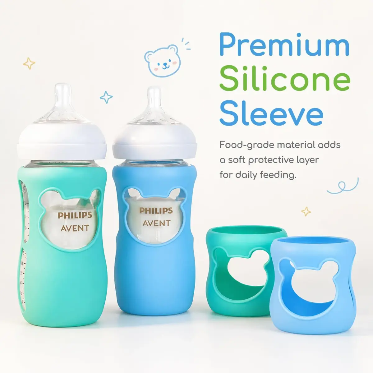 Aelop Silicone Baby Bottle Sleeves for Philips Avent Natural Glass Bottles, 240ml (8oz) | Pack of 2, Blue & Turquoise - view 2