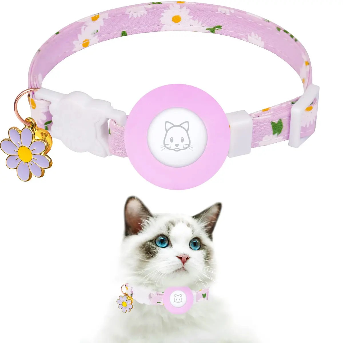JXFUKAL Airtag Cat Collar with Breakaway Buckle, Silicone AirTag Holder, Bell & Flower Charm for Cats & Small Dogs (Purple, 7.1"-11.8") - main product image