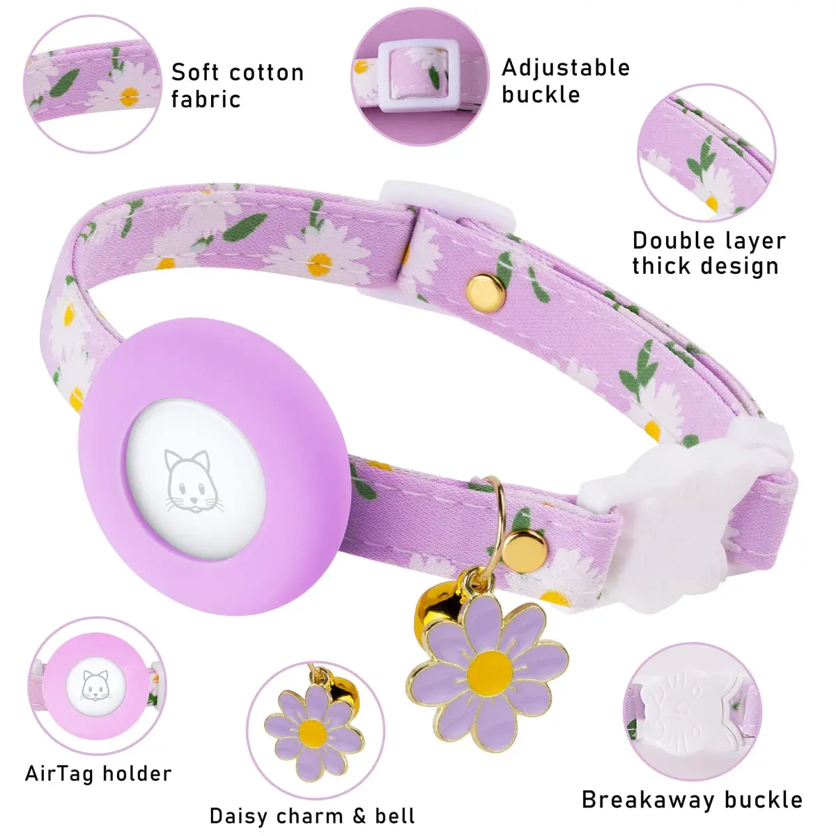 JXFUKAL Airtag Cat Collar with Breakaway Buckle, Silicone AirTag Holder, Bell & Flower Charm for Cats & Small Dogs (Purple, 7.1"-11.8") - view 2