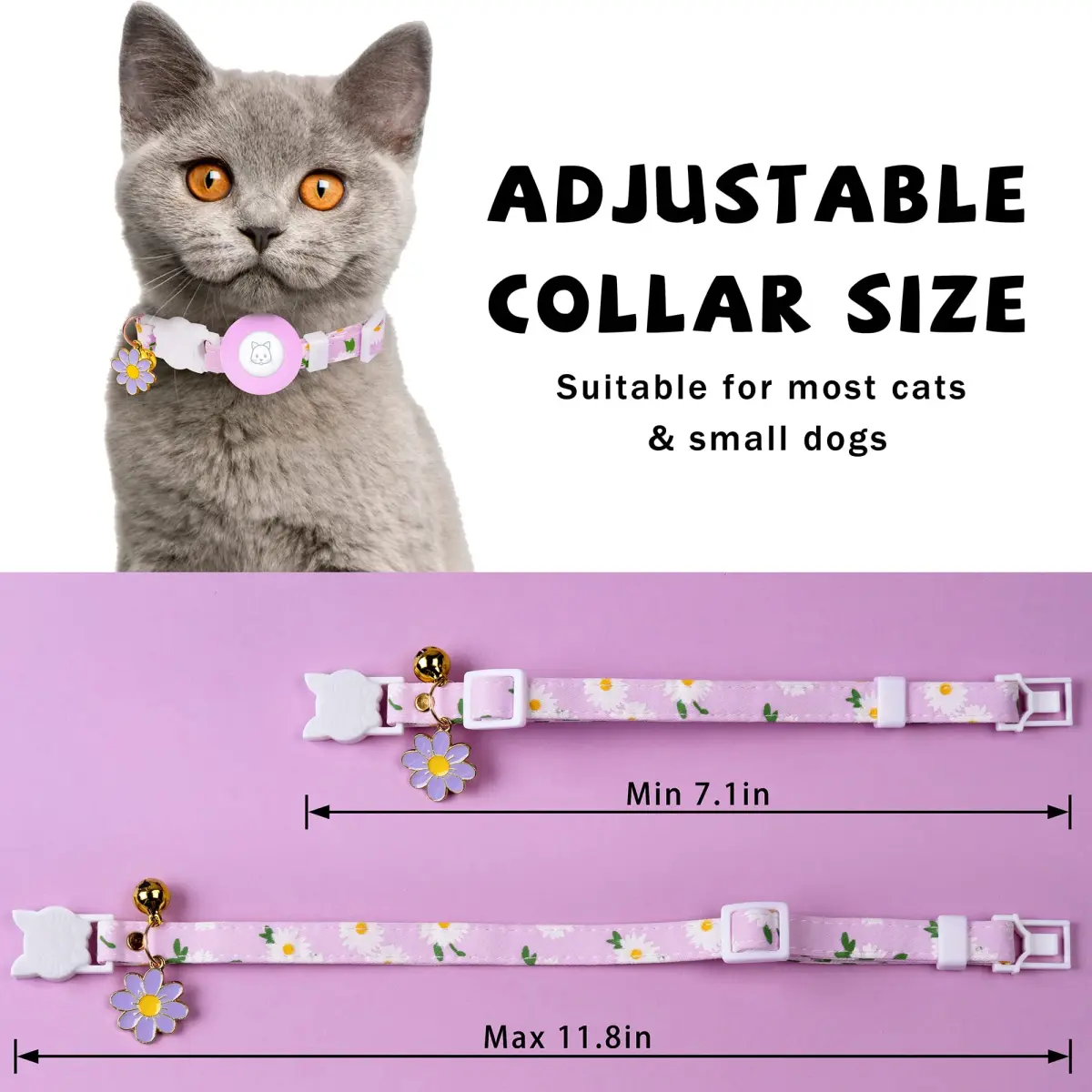 JXFUKAL Airtag Cat Collar with Breakaway Buckle, Silicone AirTag Holder, Bell & Flower Charm for Cats & Small Dogs (Purple, 7.1"-11.8") - view 3