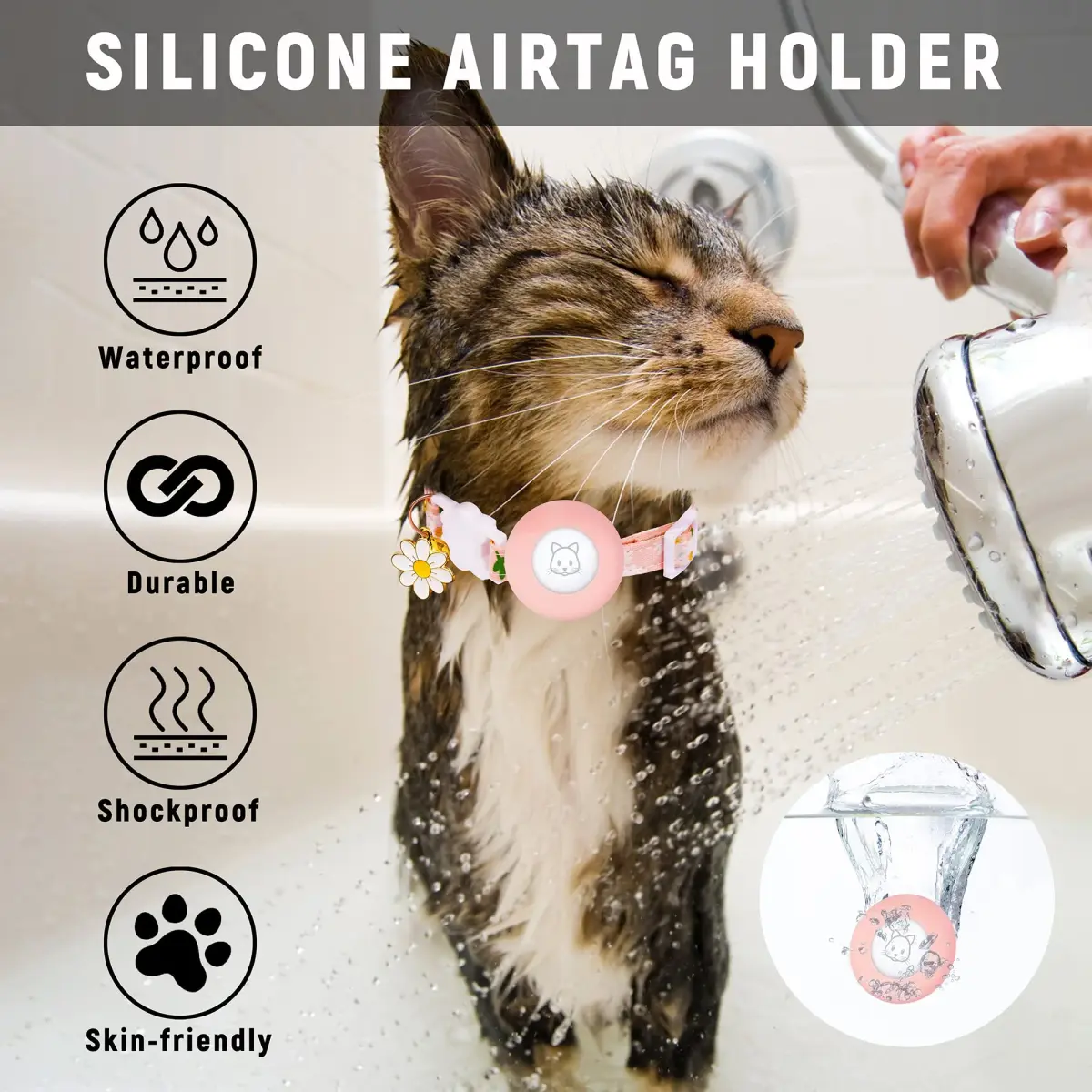 JXFUKAL Airtag Cat Collar with Breakaway Buckle, Silicone AirTag Holder, Bell & Flower Charm for Small Cats & Dogs (Pink) | Adjustable 7.1"-11.8" Neck Size - view 6