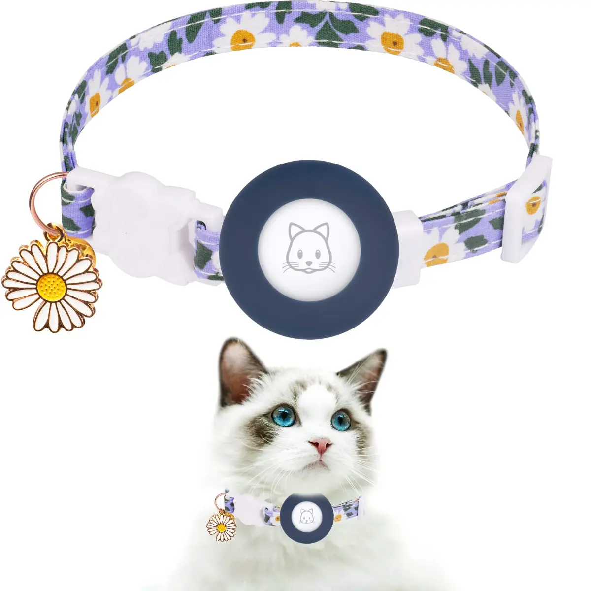 JXFUKAL Airtag Cat Collar with Breakaway Buckle, Silicone AirTag Holder, Bell & Flower Charm for Cats & Small Dogs (Blue, 7.1"-11.8") - main product image