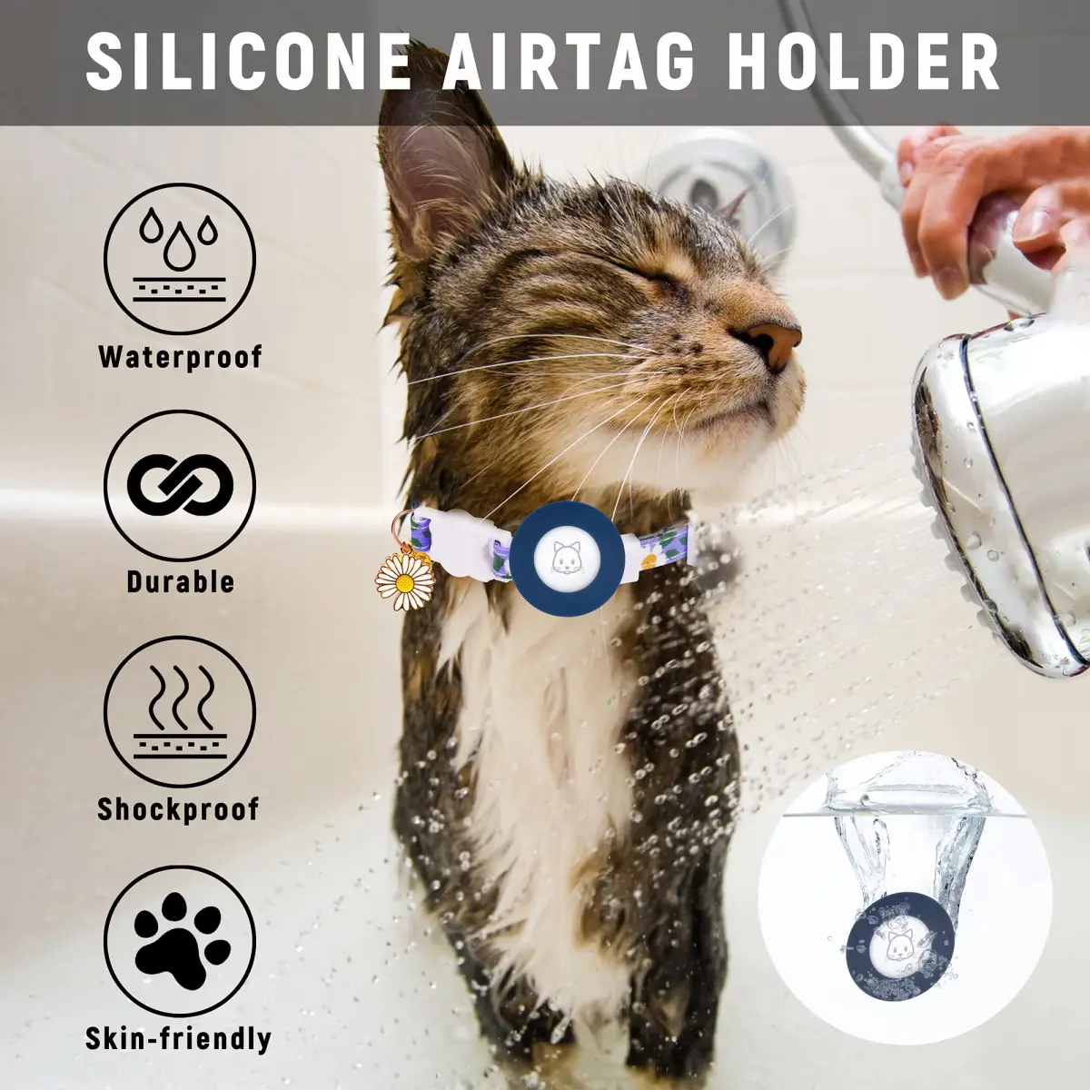 JXFUKAL Airtag Cat Collar with Breakaway Buckle, Silicone AirTag Holder, Bell & Flower Charm for Cats & Small Dogs (Blue, 7.1"-11.8") - view 6