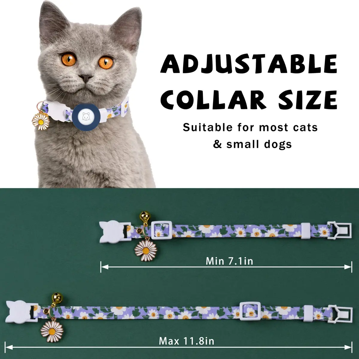 JXFUKAL Airtag Cat Collar with Breakaway Buckle, Silicone AirTag Holder, Bell & Flower Charm for Cats & Small Dogs (Blue, 7.1"-11.8") - view 3