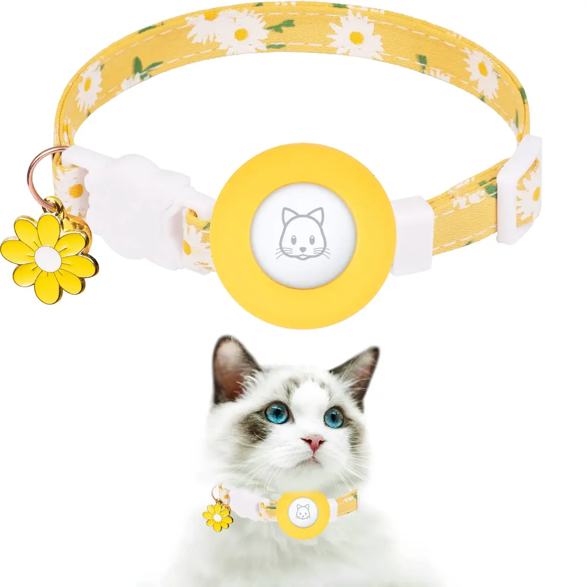 JXFUKAL Airtag Cat Collar with Breakaway Buckle, Silicone AirTag Holder, Bell & Flower Charm, Yellow, 20-30 cm (7.1"-11.8") - main product image