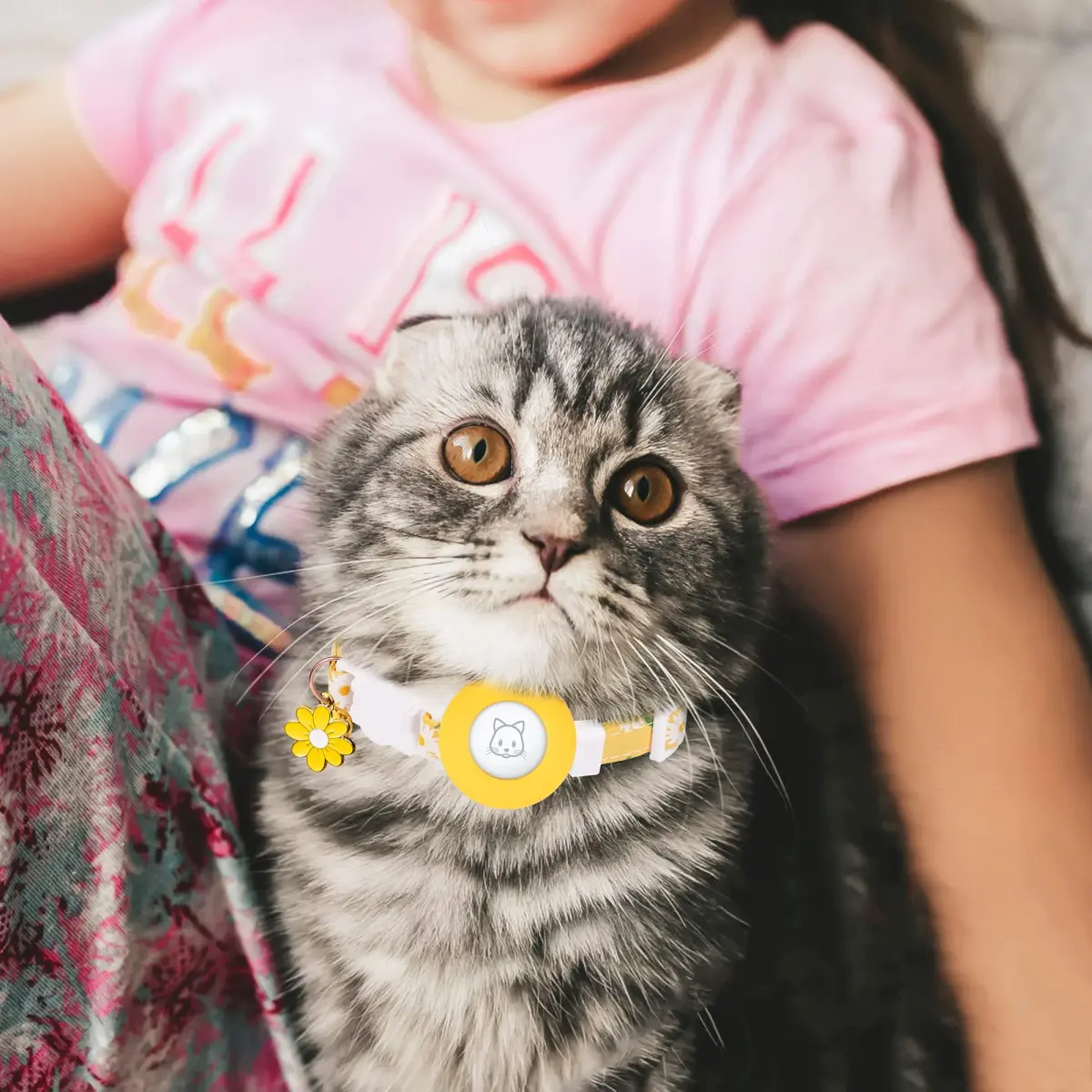 JXFUKAL Airtag Cat Collar with Breakaway Buckle, Silicone AirTag Holder, Bell & Flower Charm, Yellow, 20-30 cm (7.1"-11.8") - view 7