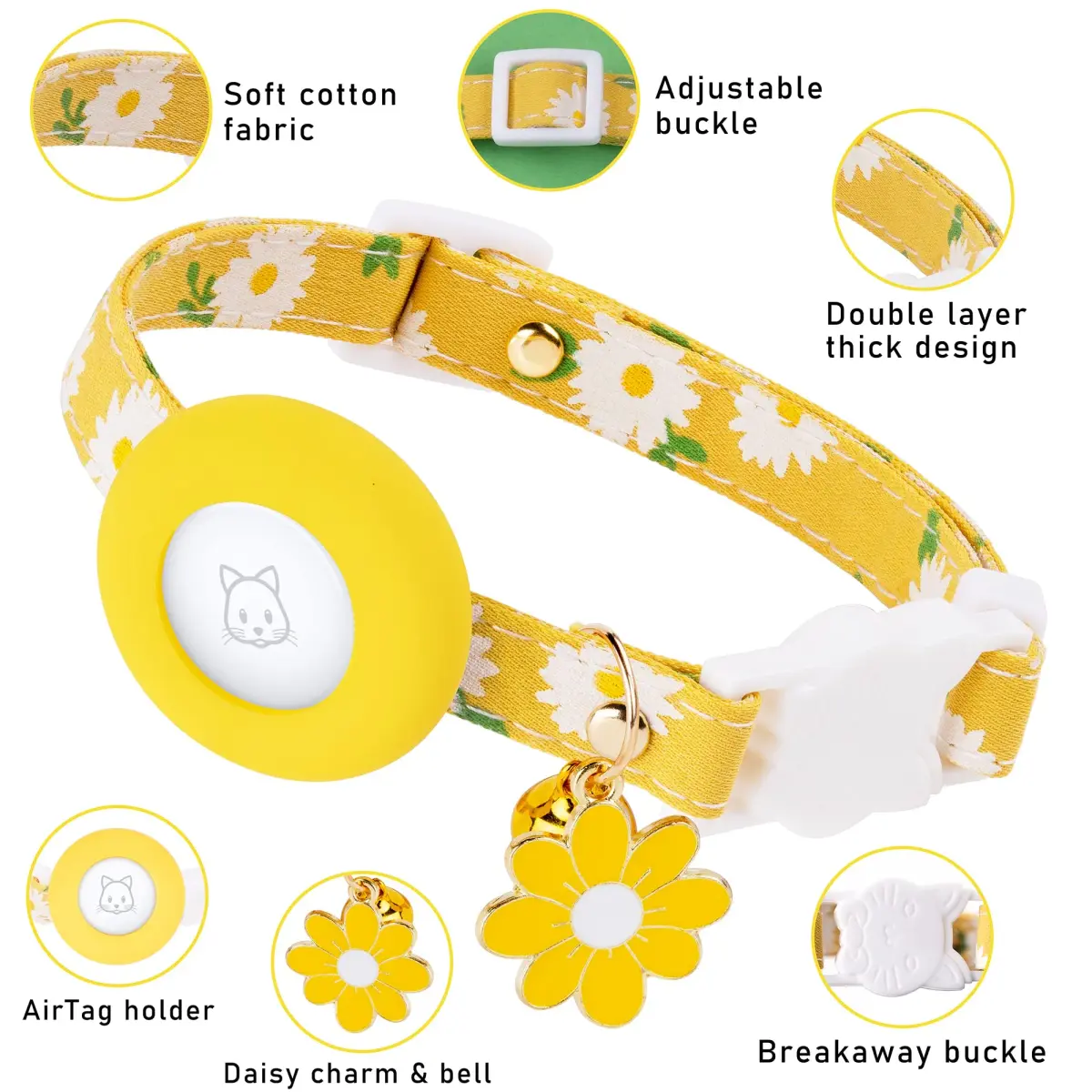 JXFUKAL Airtag Cat Collar with Breakaway Buckle, Silicone AirTag Holder, Bell & Flower Charm, Yellow, 20-30 cm (7.1"-11.8") - view 2