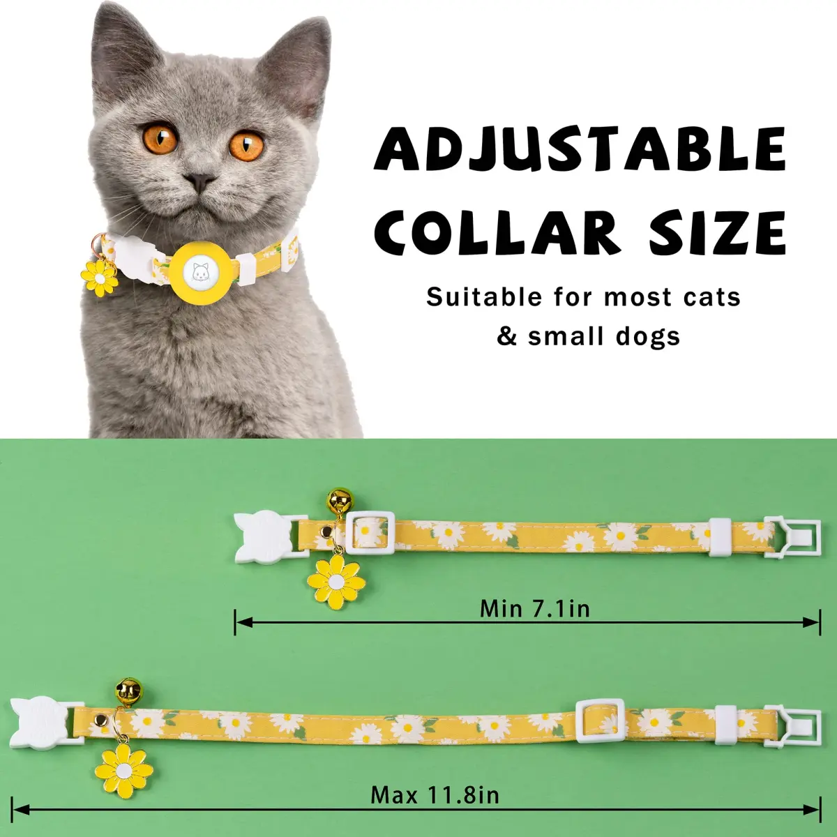JXFUKAL Airtag Cat Collar with Breakaway Buckle, Silicone AirTag Holder, Bell & Flower Charm, Yellow, 20-30 cm (7.1"-11.8") - view 3