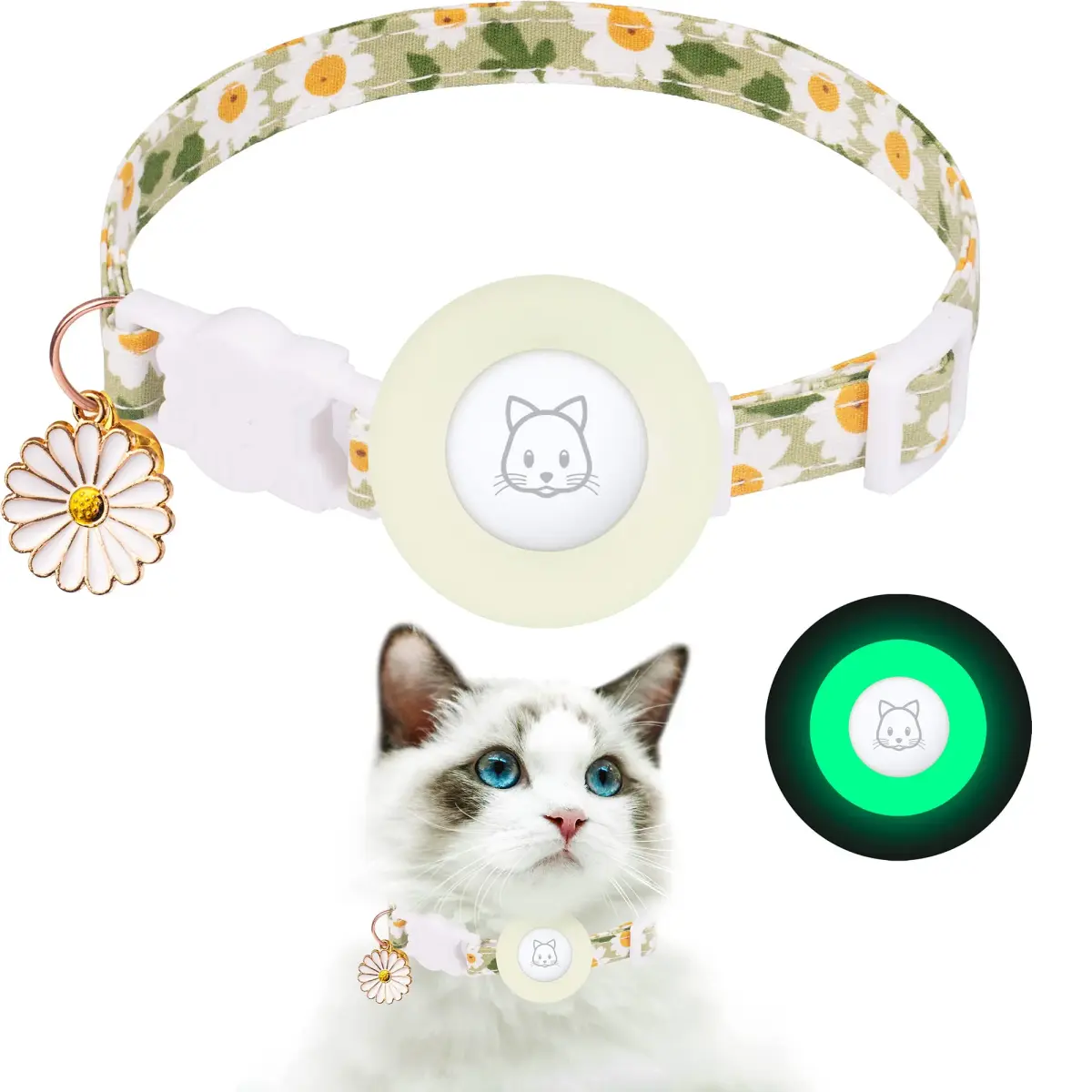 JXFUKAL Airtag Cat Collar with Breakaway Buckle, Silicone AirTag Holder, Bell & Flower Charm for Cats & Small Dogs (Luminous Green, 7.1"-11.8") - main product image