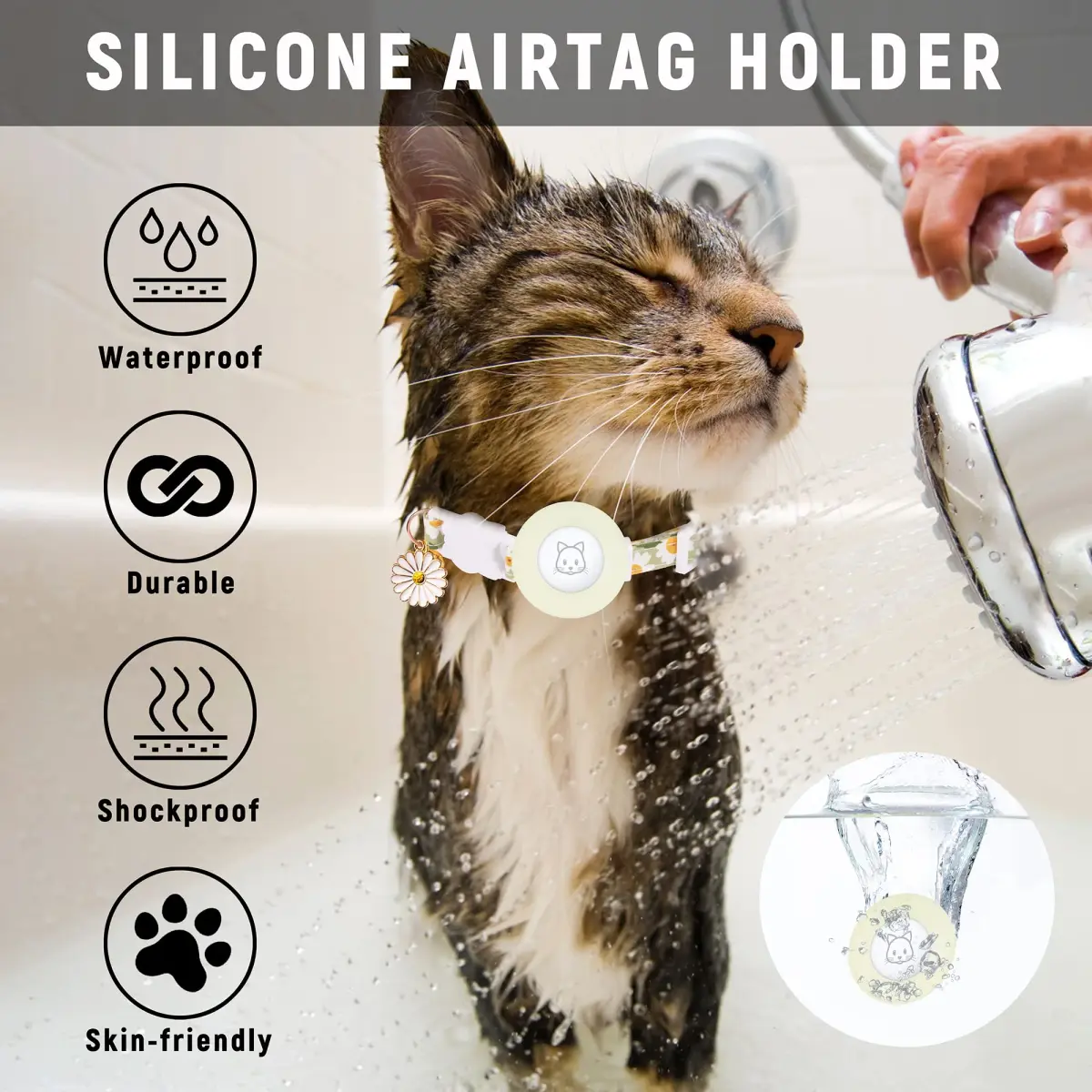 JXFUKAL Airtag Cat Collar with Breakaway Buckle, Silicone AirTag Holder, Bell & Flower Charm for Cats & Small Dogs (Luminous Green, 7.1"-11.8") - view 6