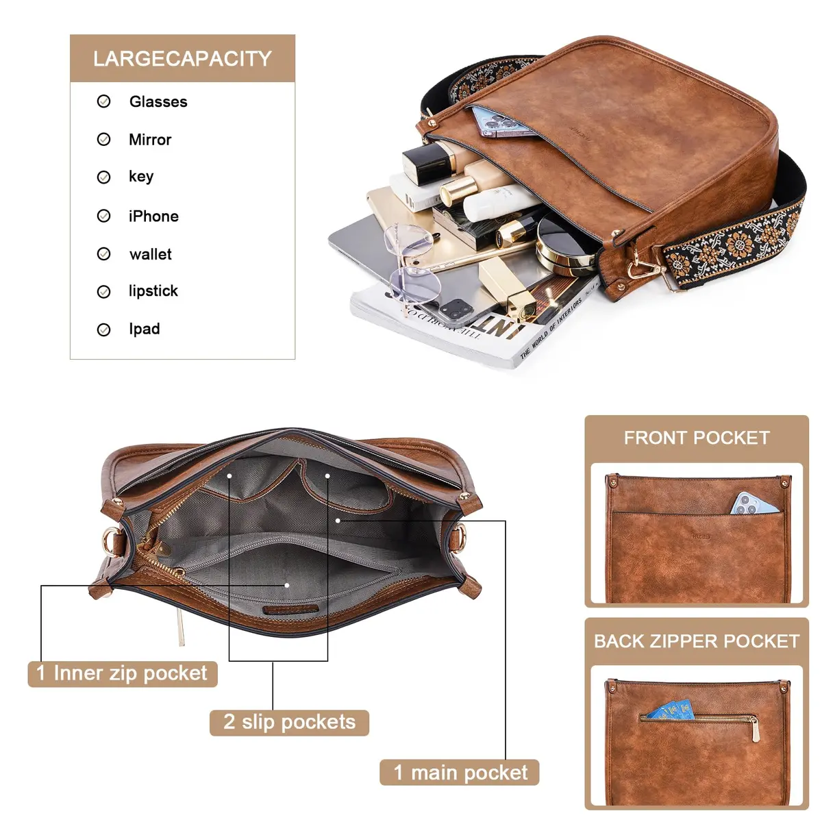 HKCLUF Vegan Leather Hobo Handbag With 2PCS Guitar Strap - Brown, 30.5cm (11.81in) - view 5