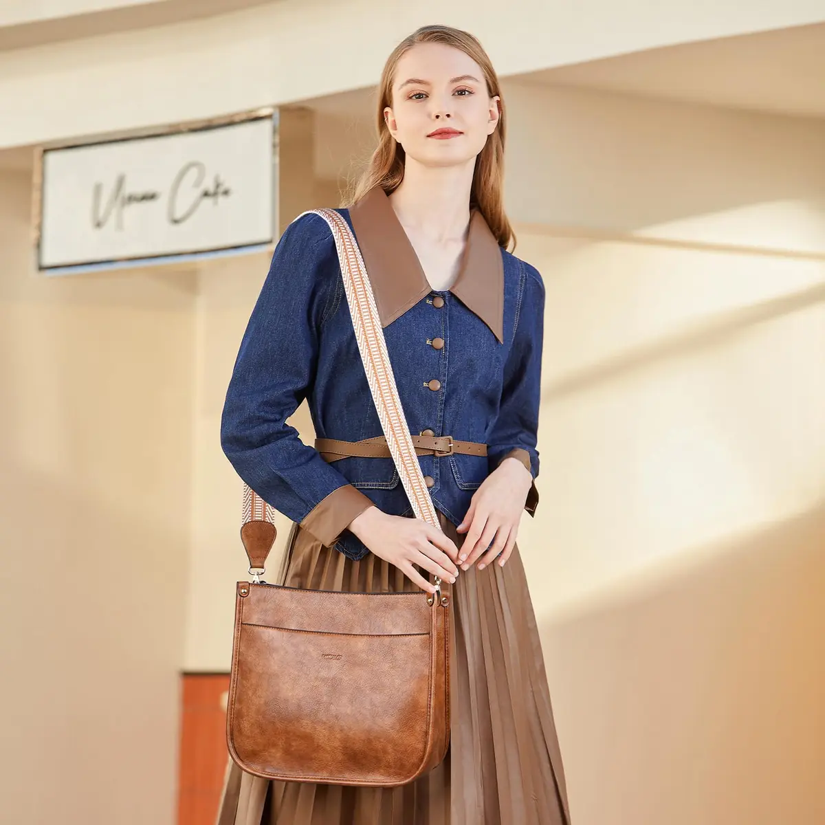 HKCLUF Vegan Leather Hobo Handbag With 2PCS Guitar Strap - Brown, 30.5cm (11.81in) - view 2
