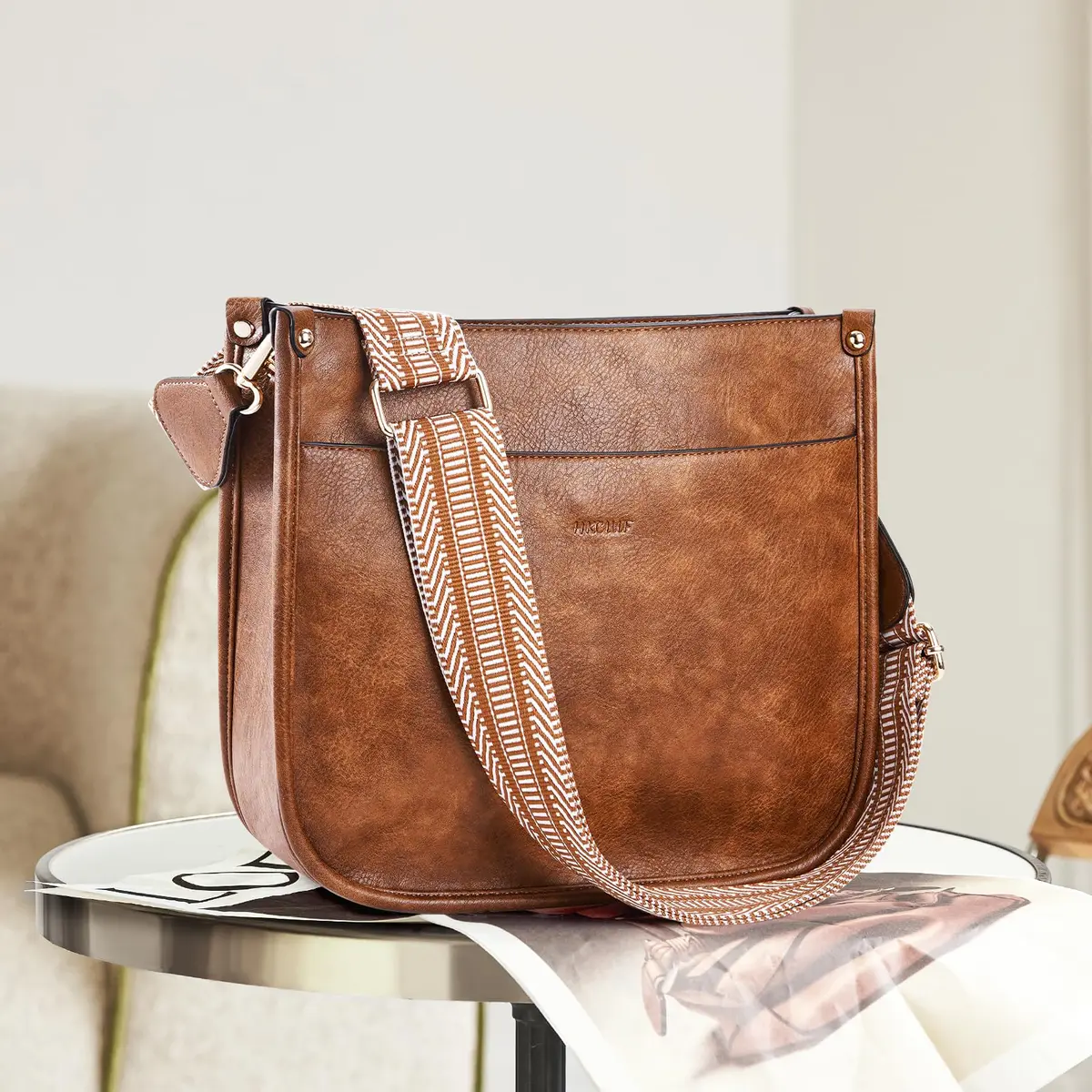 HKCLUF Vegan Leather Hobo Handbag With 2PCS Guitar Strap - Brown, 30.5cm (11.81in) - view 3